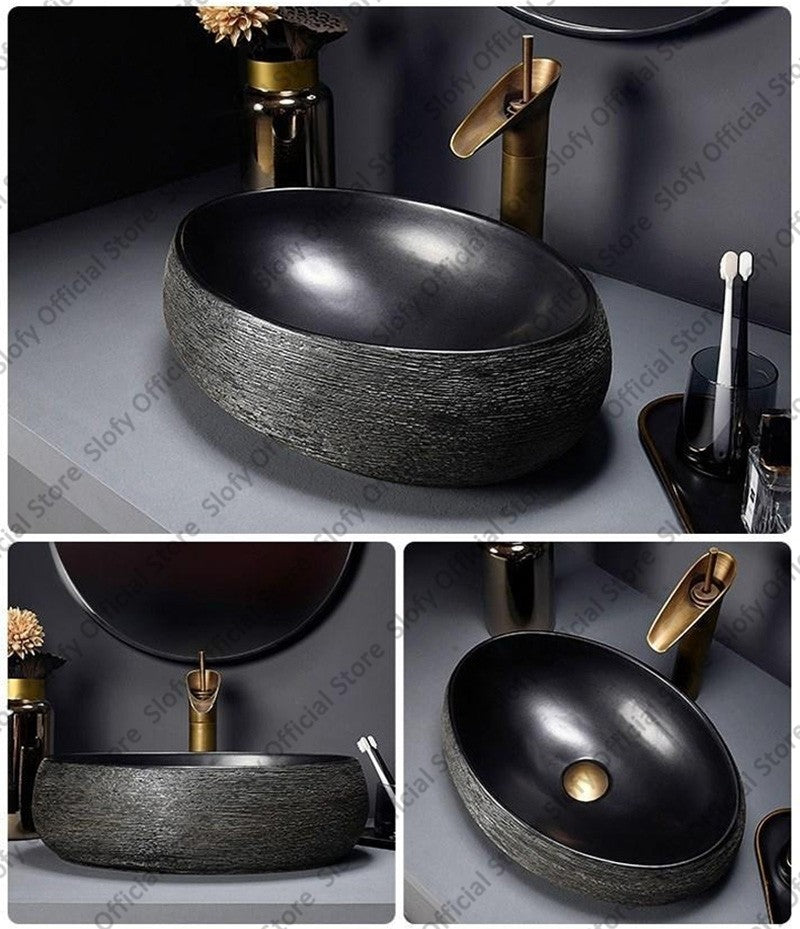 Retro Art Ceramic Sink Multiple Styles Black Washbasin Single Bowl Low-Key Luxury Countertop Basins For Household Hotel Bathroom