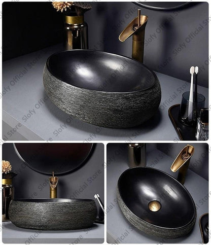 Retro Art Ceramic Sink Multiple Styles Black Washbasin Single Bowl Low-Key Luxury Countertop Basins For Household Hotel Bathroom