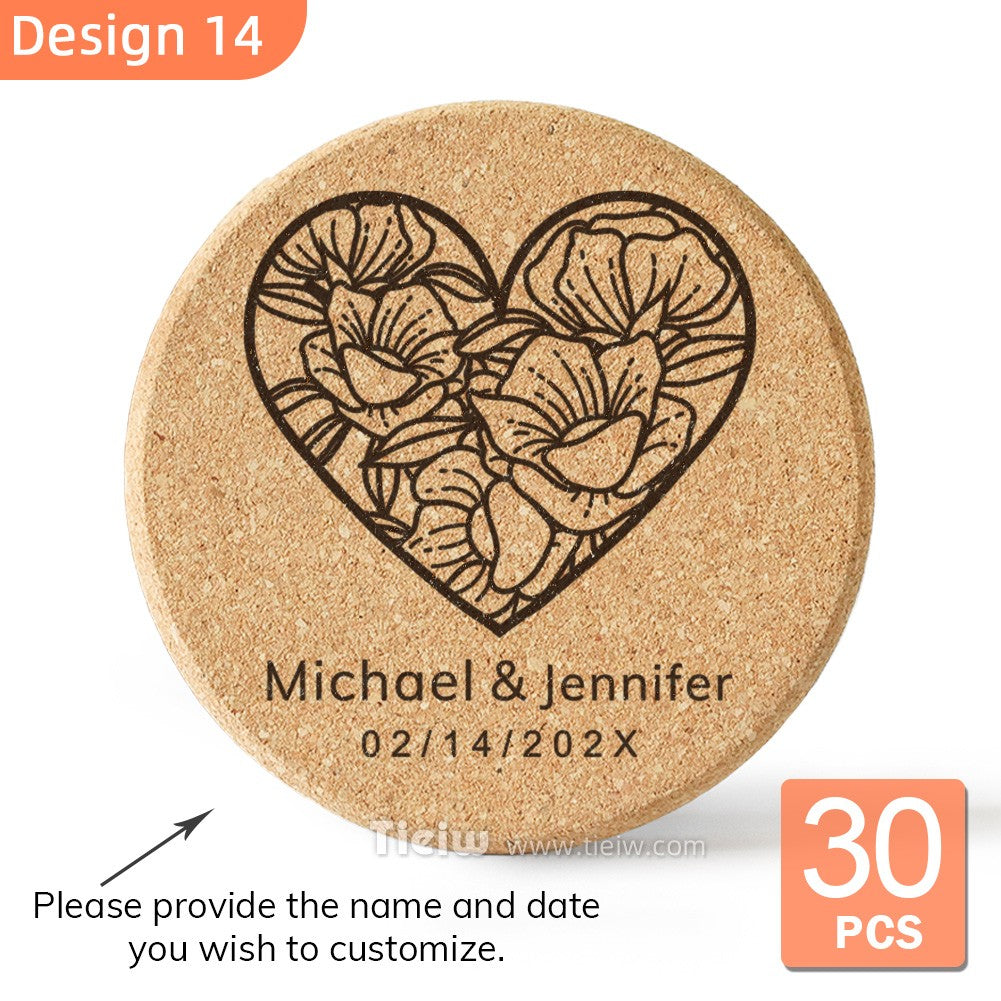 30pcs Personalized Cork Coasters-Tieiw Design-Wedding Favor for Guests Party Bridal Shower Corporate Engraved Coaster Gifts Bulk