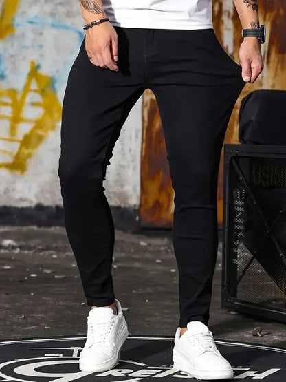 Calça Jeans Masculina Skinny Stretch Cores Sólidas Preto Azul Primavera Luxo Rua Harajuku Hip-Hop Calças Justas Marca