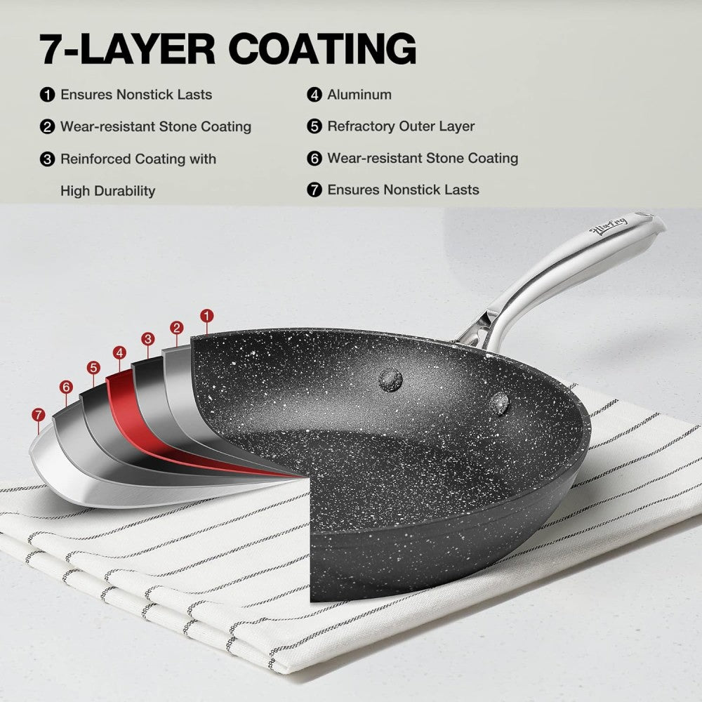 8 Inch Nonstick Frying Pan with Lid, Marble Skillet, Stone-Derived Coating,APEO & PFOA Free, with Heat-Resistant Handle