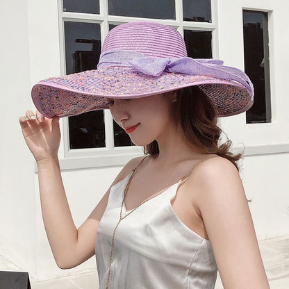 Chapéu de sol de palha feminino, estilo coreano, aba grande, à prova de sol, chapéu de férias dobrável, para praia e ar livre.  ????  ??