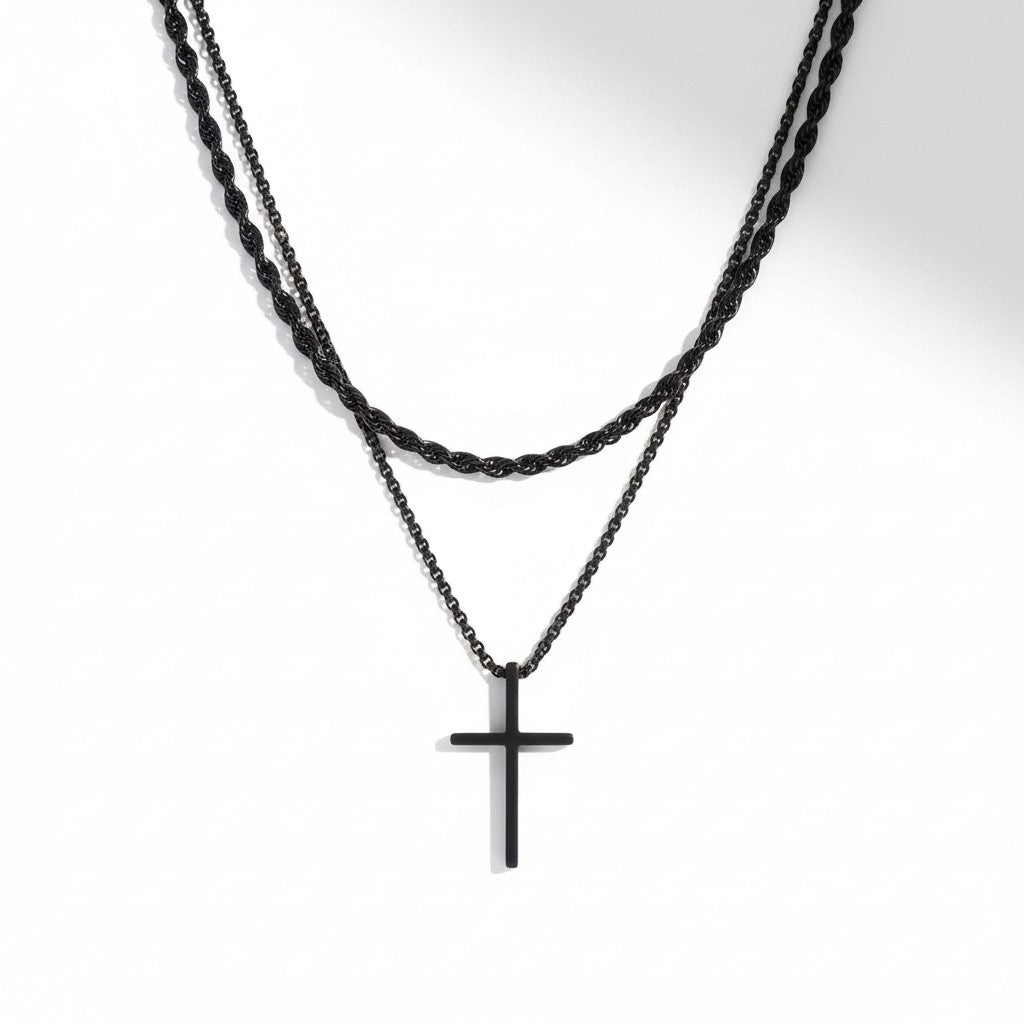 Colar com Pingente de Cruz em Aço Inoxidável 2 Peças para Homens Aço Titânio Corrente de Corda Torcida Gargantilha Feminina Joias de Moda Punk