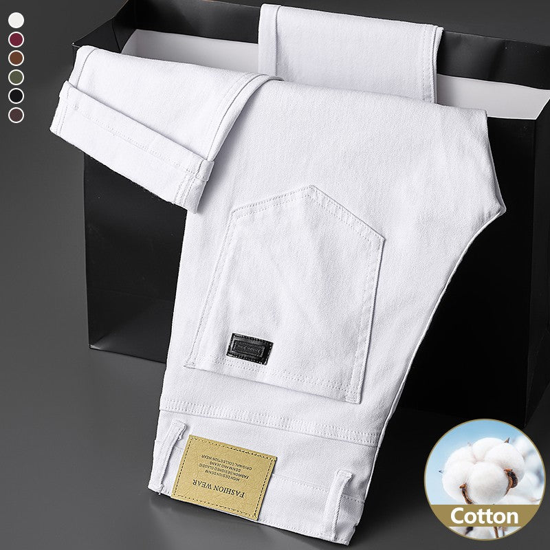 Cotton White Jeans Men's Elastic Soft Comfortable Business Casual Trousers Fashion Korean Fit Straight Spring Autumn Denim Pants