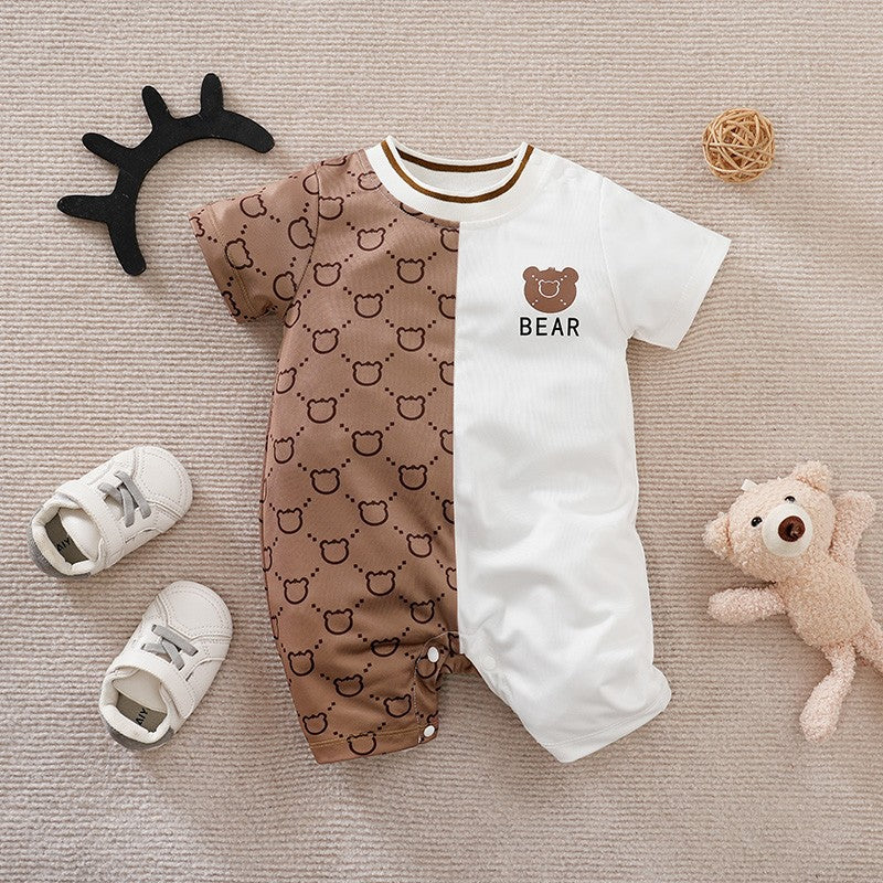 Roupas de Recém-Nascido Macacão de Ursinho de Pelúcia Desenho Animado Patchwork Confortável e Macio Verão Meninos e Meninas 0-18 Macacão de Bebê Manga Curta