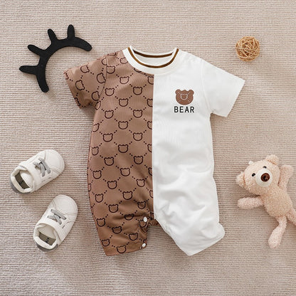 Roupas de Recém-Nascido Macacão de Ursinho de Pelúcia Desenho Animado Patchwork Confortável e Macio Verão Meninos e Meninas 0-18 Macacão de Bebê Manga Curta