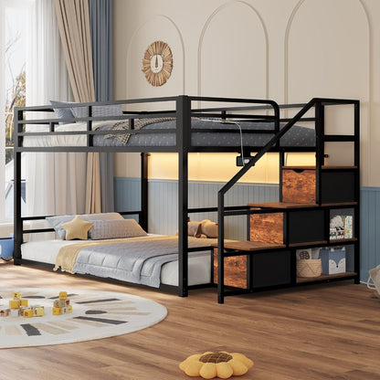 Low Bunk Bed Twin Over Twin with Storage Staircase, Drawers & Shelves, RGB LED Lights Metal Floor Bunk with Power Outlet