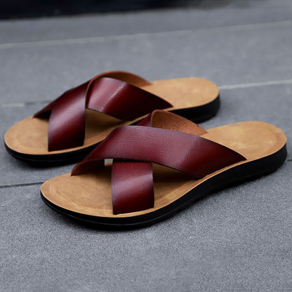 New Arrivals Italian Leather Slippers for Men Summer Hotel Beach High Quality Slip on Light Flats Male Flip Flops Big Size 38-47