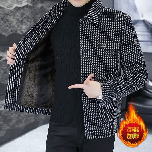 Korean Fashion Woolen Jacket for Men 2023 Winter Plaid Casual Business Trench Coat Slim Social Office Street Wear Short Overcoat