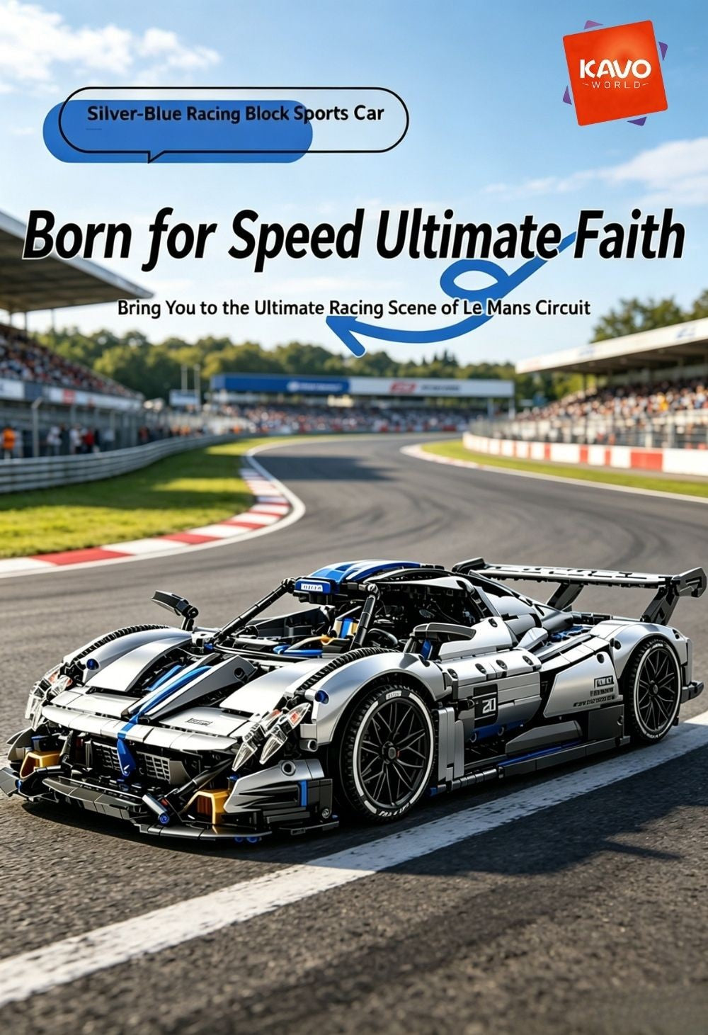 KAVOWORLD 1:8 Scale Silver-Blue Technical Super Racing Sports Car Building Blocks Set 3526pcs DIY STEM Assembly Premium ABS Racing Car Building Bricks Toy Model with Rear Linkage Engine & Track Wing, Ideal Birthday Christmas Gift for Teens Adults