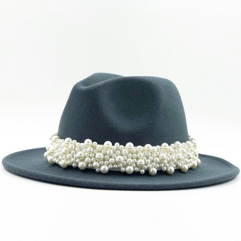 Chapéu Fedora De Lã Feminino Masculino Com Fita De Pérolas Cavalheiro Elegante Senhora Inverno Outono Aba Larga Igreja Panamá Sombrero Boné De Jazz 60CM