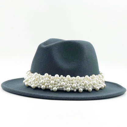 Chapéu Fedora De Lã Feminino Masculino Com Fita De Pérolas Cavalheiro Elegante Senhora Inverno Outono Aba Larga Igreja Panamá Sombrero Boné De Jazz 60CM