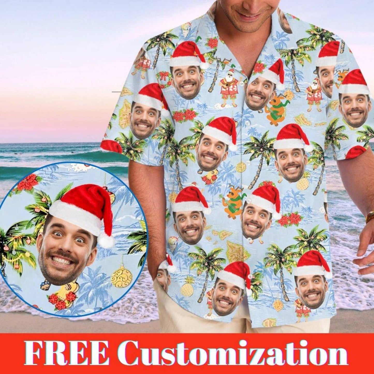 Funny Unisex Hawaiian Custom Christmas Face 3D Photo Print Button Diy Photo Shirt Short Sleeve Designer Shirts Clothes Xmas Gift