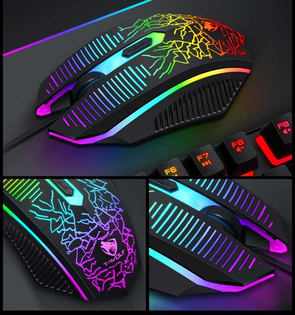 Teclado e Mouse Com Fio TF31 Conjunto Retroiluminado RGB Impermeável Luminoso Teclado de 104 Teclas Mouse com DPI Ajustável e Mouse Pad de Brinde