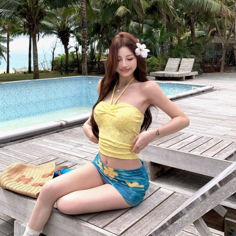 French Drawstring Blue Floral Tube Top Women Separate Swimwear Set Coastal Summer Vacation Beach Holiday Swimsuit for Girl