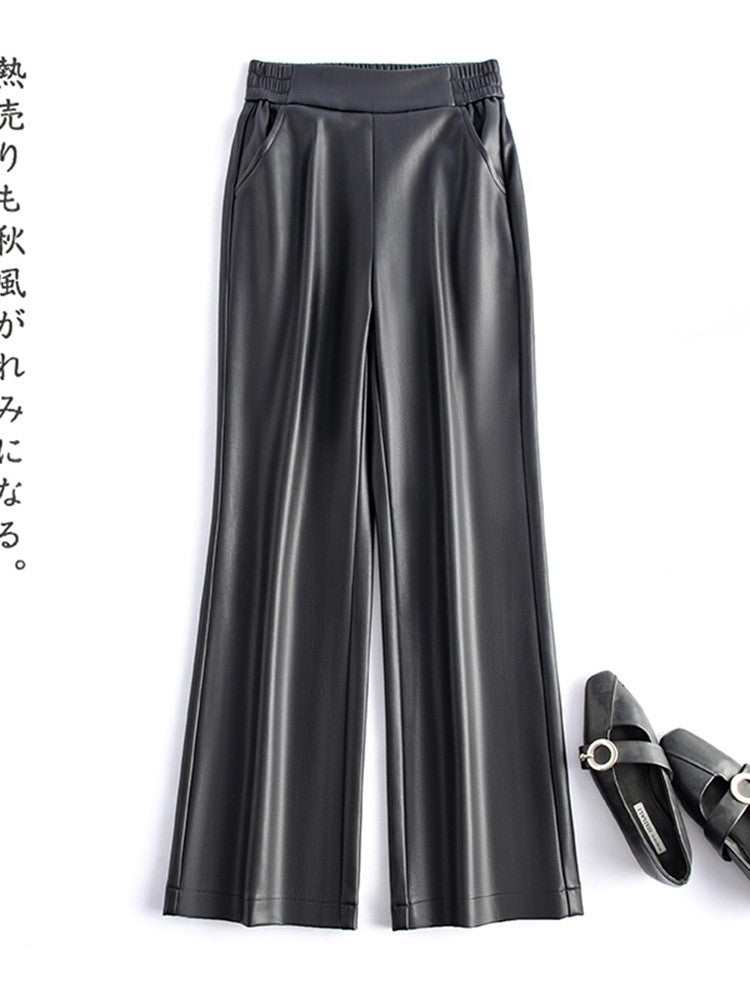 Black Genuine Leather Pants Women Sheepskin Straight Pants Spring Autumn High Waist Belt Loose Real Leather Casual Trousers