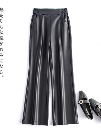 Black Genuine Leather Pants Women Sheepskin Straight Pants Spring Autumn High Waist Belt Loose Real Leather Casual Trousers