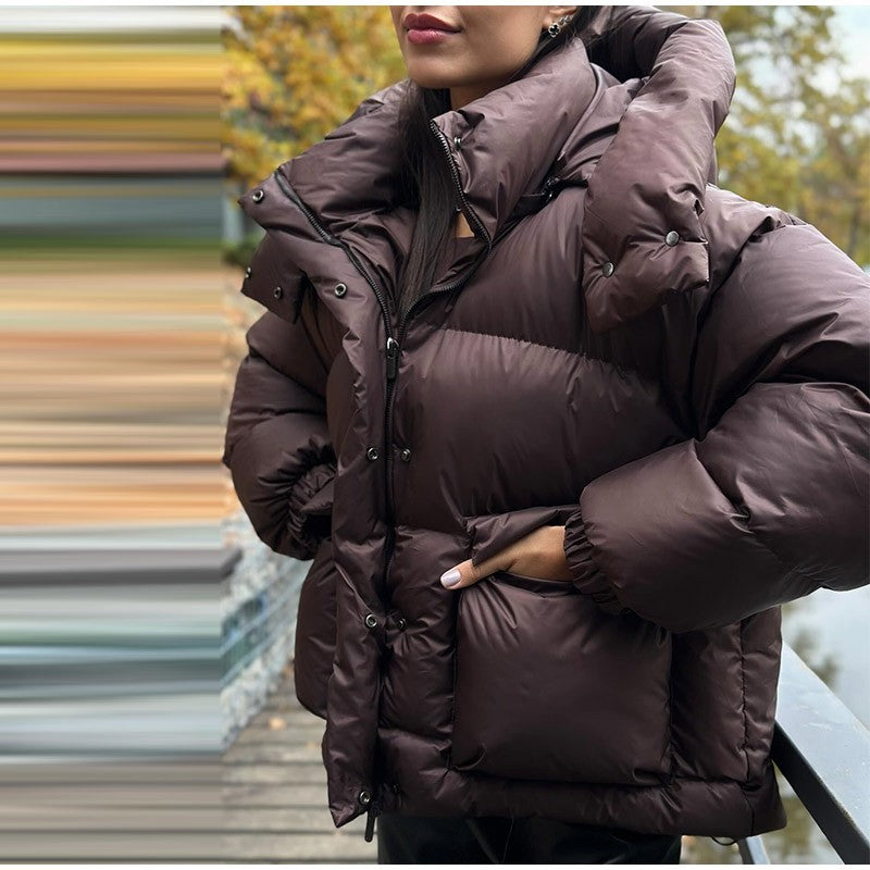 Fashion Glossy Padded Jacket Women's Solid Turtleneck Long Sleeve Warm Down Coat 2025 Autumn Winter New Lady Casual Outerwear