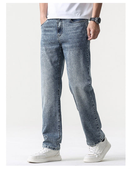 Calça Jeans Masculina Clássica Solta Reta Wide Leg de Sarja Lavada de Alta Qualidade Masculina Fina Fresca Elástica Masculina Casual de Caimento Regular