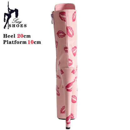 17cm 20cm Sexy Women Ankle Boots Zip Up Platform Red lip Print Block High Heels Peep Toe Short Boots Ladies Girls Party Shoes