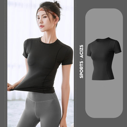 2024 Women's Sports Fitness Clothing Slim Running Sweat Absorbing Skinny Yoga Clothes Quick Drying Clothes Short Sleeved T-shirt