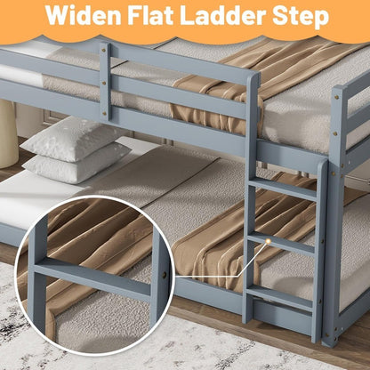 Bunk Bed Twin Over Twin, Wood Low Profile Floor Twin Bunk Beds with Ladder Guardrails , No Box Spring Needed