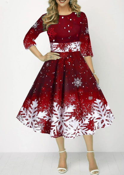 Winter Christmas Dresses Women Vintage Robe Swing Elegant Half Sleeve Casual Print Party Dress