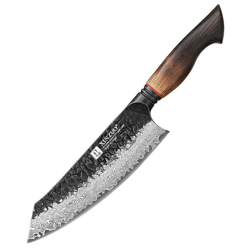 XINZUO 1-6-Piece Damascus Knife Set 67-Layer Steel White Oak Red G10 Handles Paring Utility Cleaver Santoku Bread Knife