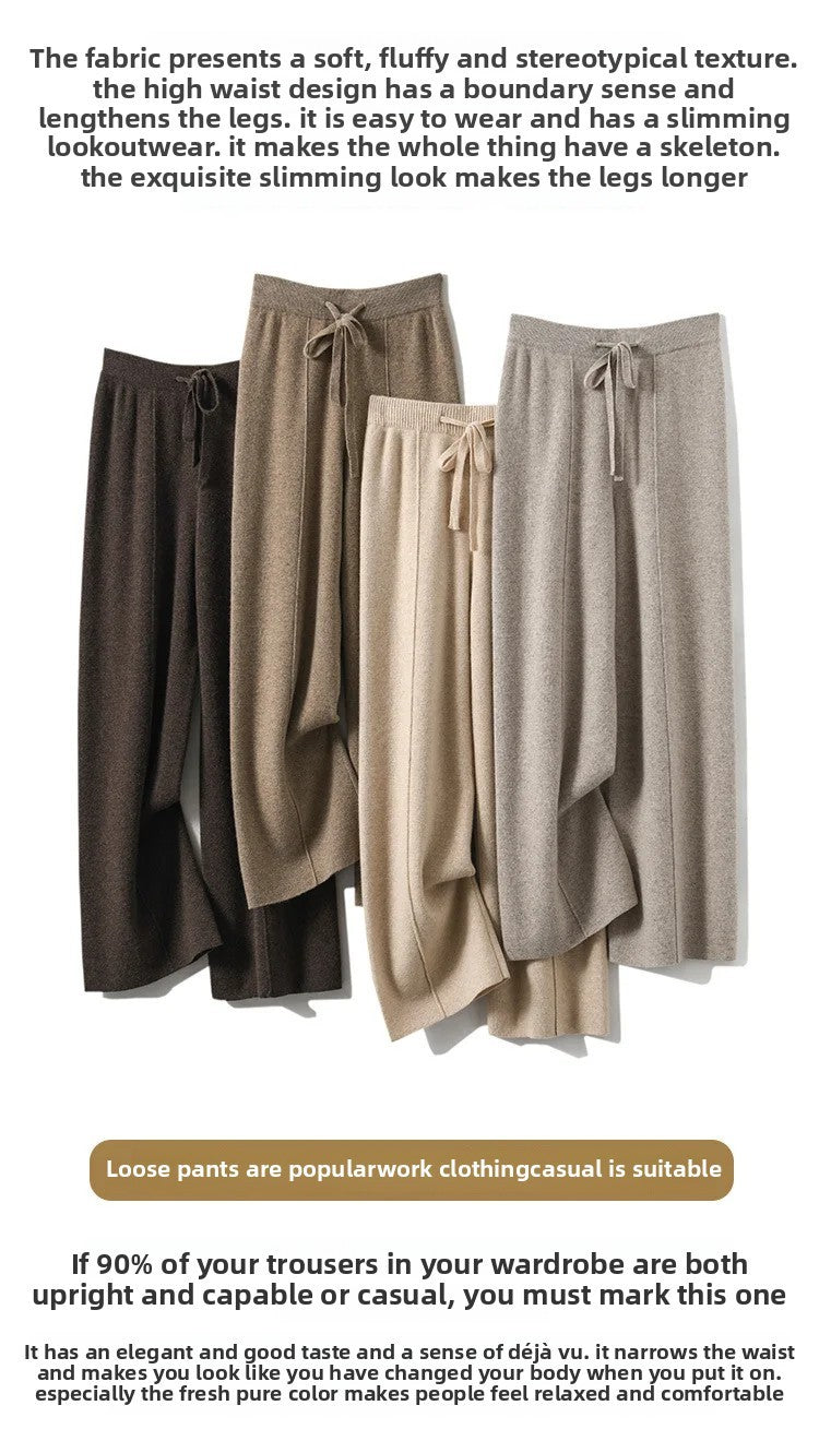 High Waist Wide Leg Pants Mid-Seam Knitted Trousers Drawstring Waist Belted Floor-Length Pure Color Versatile Autumn Winter Casu