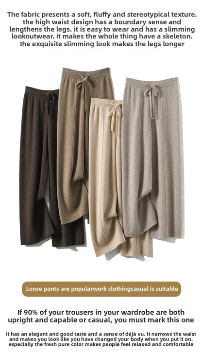 High Waist Wide Leg Pants Mid-Seam Knitted Trousers Drawstring Waist Belted Floor-Length Pure Color Versatile Autumn Winter Casu