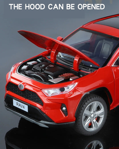 Miniaturas de carros Highlander RAV4 em liga fundida escala 1:24, com som, luz, portas que abrem, função de fricção e absorção de choque – Presente para meninos