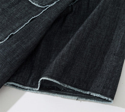 Vintage Raw Edge Denim Shirts Mens Streetwear Harajuku Short Sleeve Shirt Men Loose Casual Cargo Blouse Japan Style Tops Male