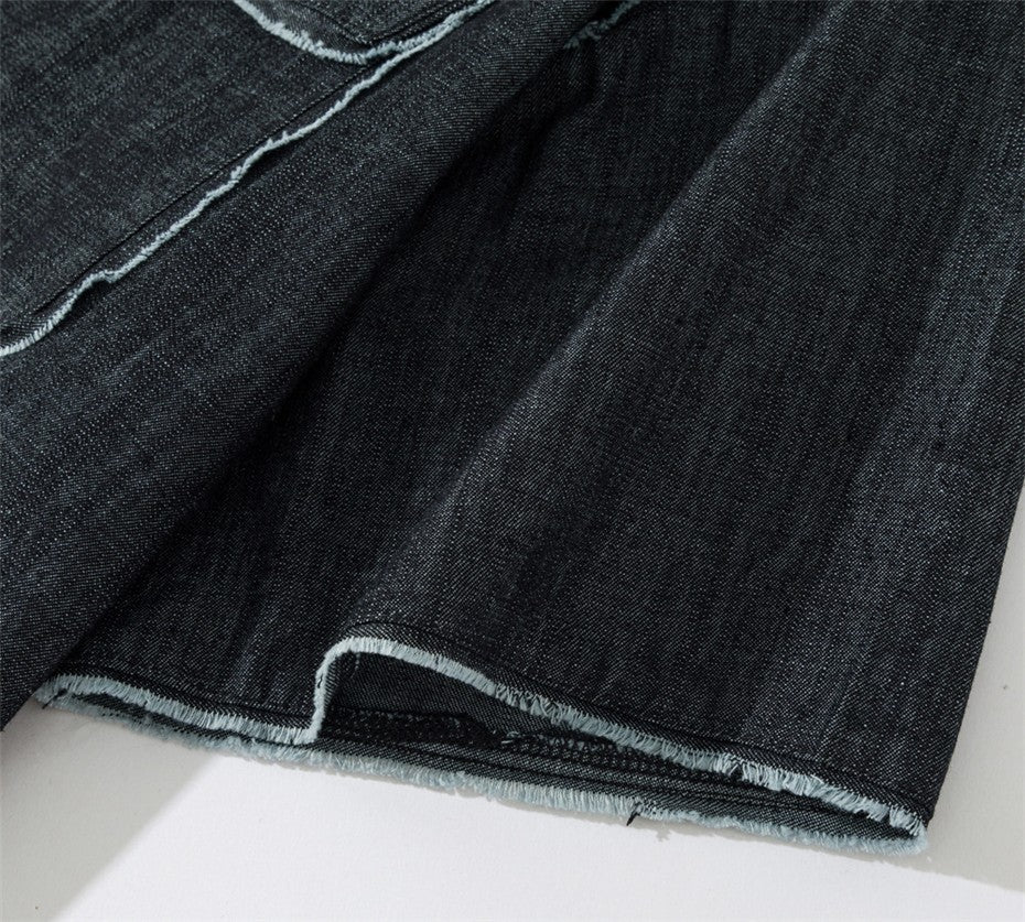 Vintage Raw Edge Denim Shirts Mens Streetwear Harajuku Short Sleeve Shirt Men Loose Casual Cargo Blouse Japan Style Tops Male