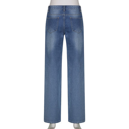 Women's Harajuku Print Jeans Floral Print Vintage Aesthetic Baggy Straight Pants Grunge Casual Outfits Trousers Streetwear Y2k