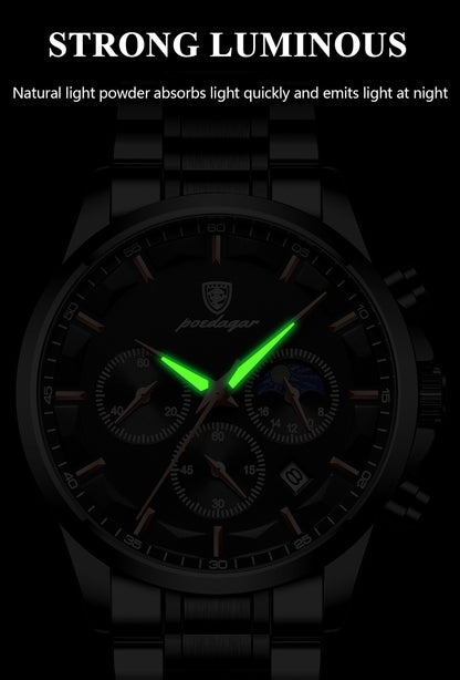 POEDAGAR Top Fashion Men's Watches Waterproof Luminous Stainless Steel Men Wristwatch Chronograph Date Quartz Business Man Watch
