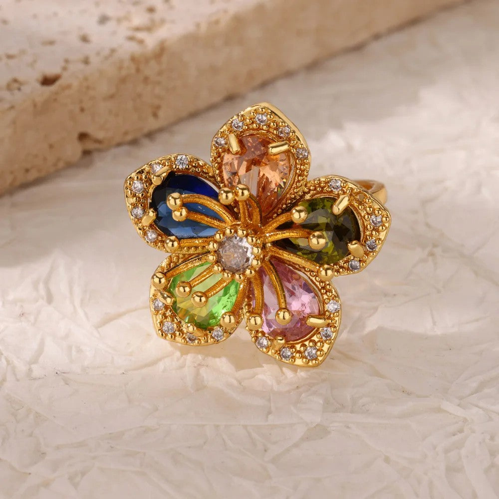 Anéis de Luxo em Aço Inoxidável Banhado a Ouro Pedra Colorida Zircônia Cristal Coração Anel Feminino Casamento Joias Boho Presente de Natal