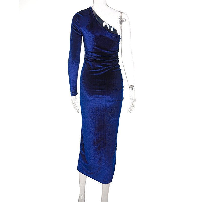 Women Elegant Long Sleeve Party Evening Velvet Bodycon Split Pencil Midi Dress S