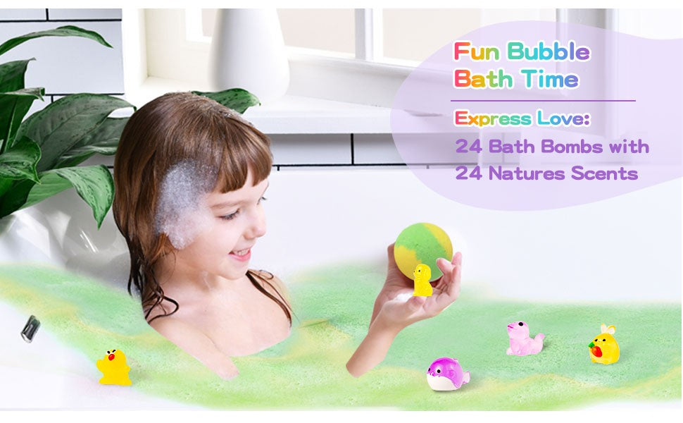 Bombas de Banho para Crianças com Surpresa Dentro, 24 Unidades de Efervescentes de Banho de Espuma Naturais Orgânicos para Meninas e Meninos com Brinquedos de Banho Dentro