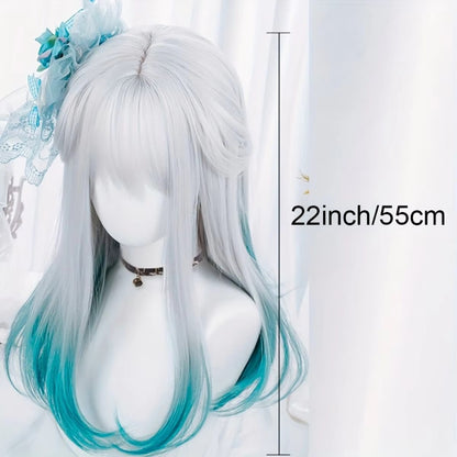 Peruca Sintética Reta Azul e Branca Gradiente com Franja e Rabo de Cavalo Anime Festa Cosplay Moda 2025 Novo Penteado de Fibra
