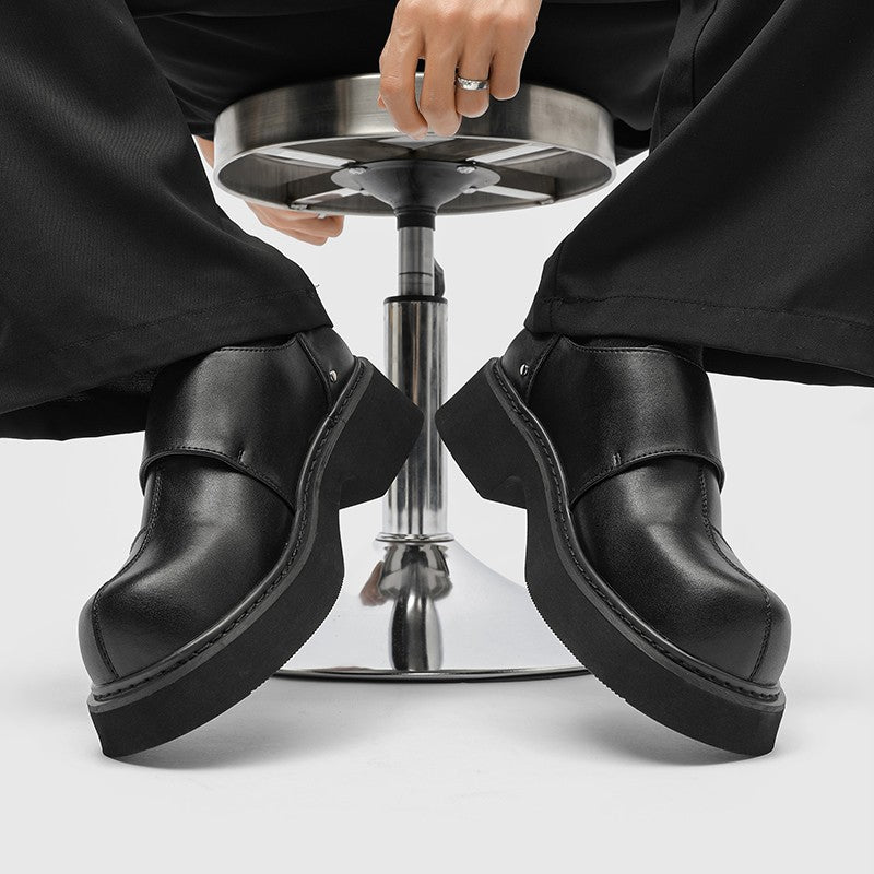 Velcro slip in formal shoes for men thick soled British style black metal decorative loafers casual patent leather shoes trendy