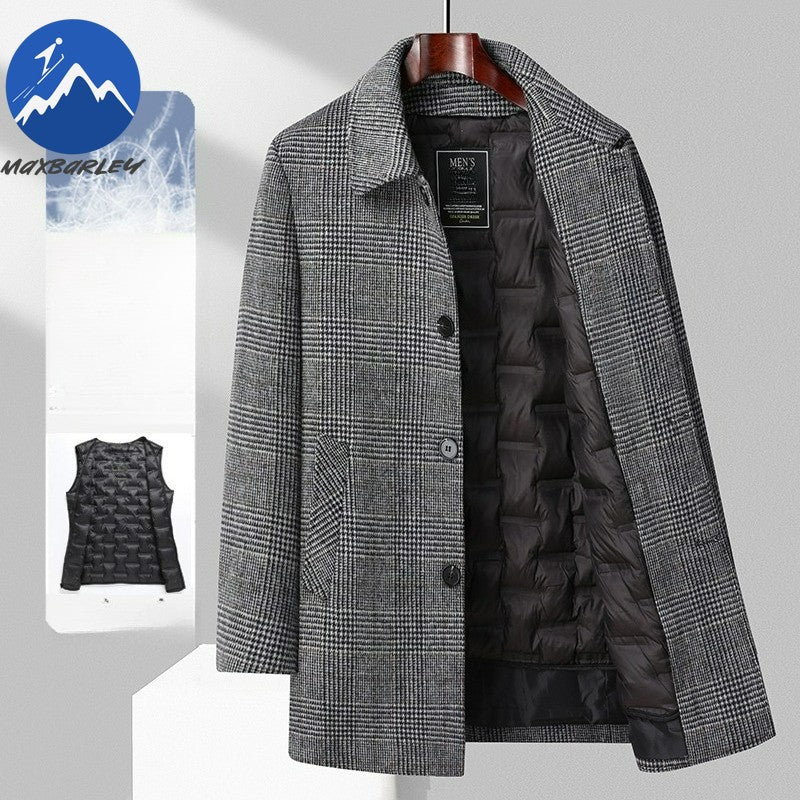 Maxbarley Winter Down Coat Lightw Luxurious Detachable Lining Working Cold Proof Overcoat Mens Mid Length Warm Woolen Trench