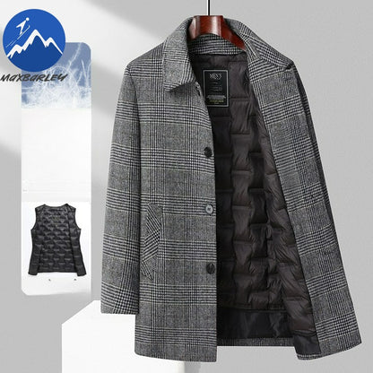 Maxbarley Winter Down Coat Lightw Luxurious Detachable Lining Working Cold Proof Overcoat Mens Mid Length Warm Woolen Trench