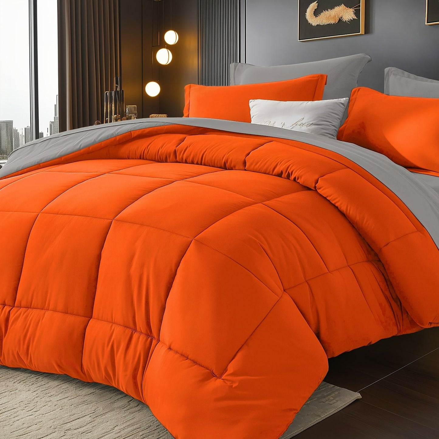 Edredom Xadrez Luxuoso de 5/7 Peças, Microfibra Macia, Respirável, Fácil de Cuidar para Todas as Estações, Conjunto de Cama com Alternativa de Pena de Ganso