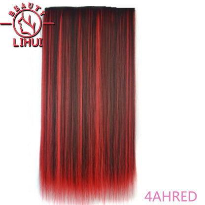 Extensões de cabelo sintéticas com clipe, longas e lisas, com 5 clipes em uma única peça, extensões de cabelo multicoloridas LIHUI