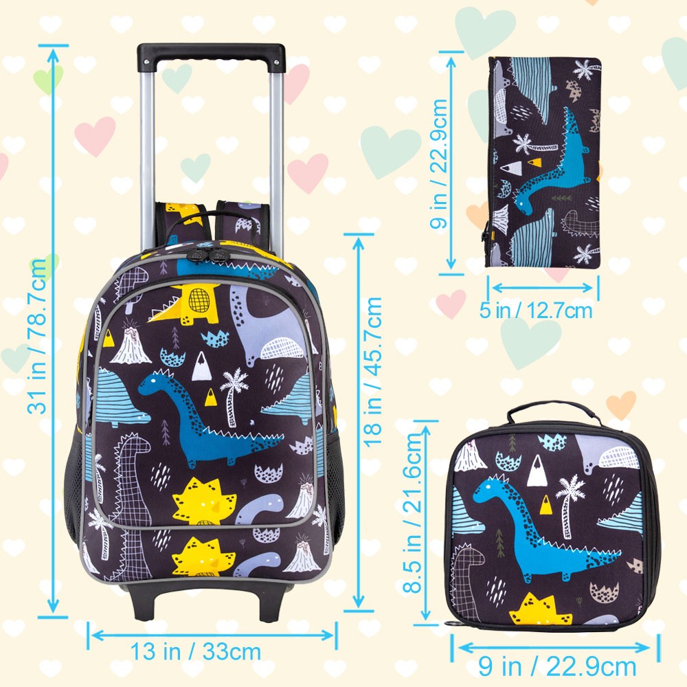 Mochila de Rodinha 3 Peças para Meninas e Meninos, Mochila Escolar com Rodas para Crianças, Mochila com Rodas e Lancheira