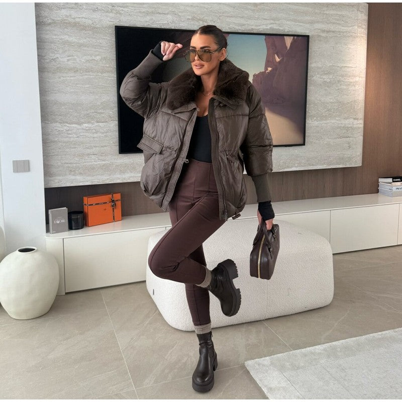 Vintage Women's Fur Coat Elegant Furs Collar Puffer Thicken Full Sleeve Jacket With Furs Female 2025 Autumn Winter Woman Coats