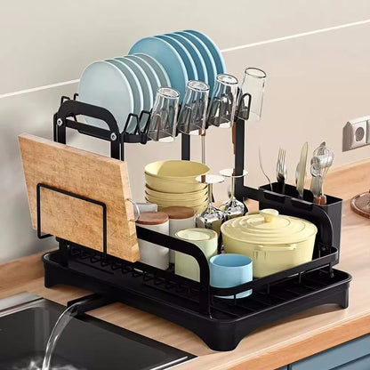 HOT 2 Tier Dish Bowl Drainer Storage Rack Kitchen Dish Drying Rack with Drain Basket Countertop Dinnerware Organizer Drainboard