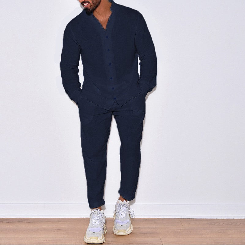 Europe and the United States men's new casual suit men's 100% cotton monochrome autumn fashion home loose long-sleeved shirt