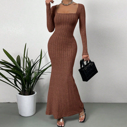 Women's Sexy Square Neck Mid-Length Knitted Dress Slim Fit Retro Long-Sleeved Wrap Hip Robe for Fall