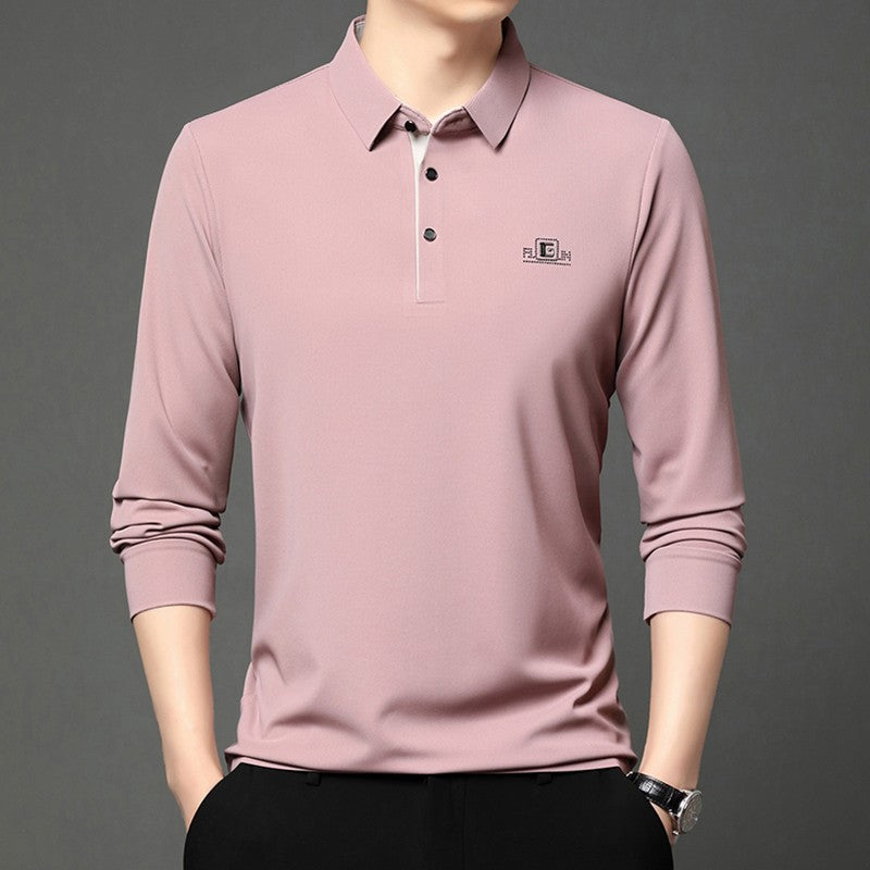 New Men's Business Casual Long Sleeved Shirt with Badge Solid Color Polo Shirt Fashionable Breathable Comfortable Versatile Top